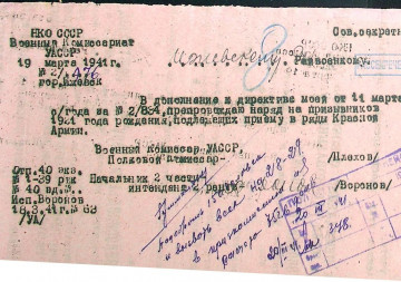 Письмо Военного Комиссариата УАССР Ижевскому горвоенкомату о направлении наряда на призывников 1921 года рождения  призыва 1941 года